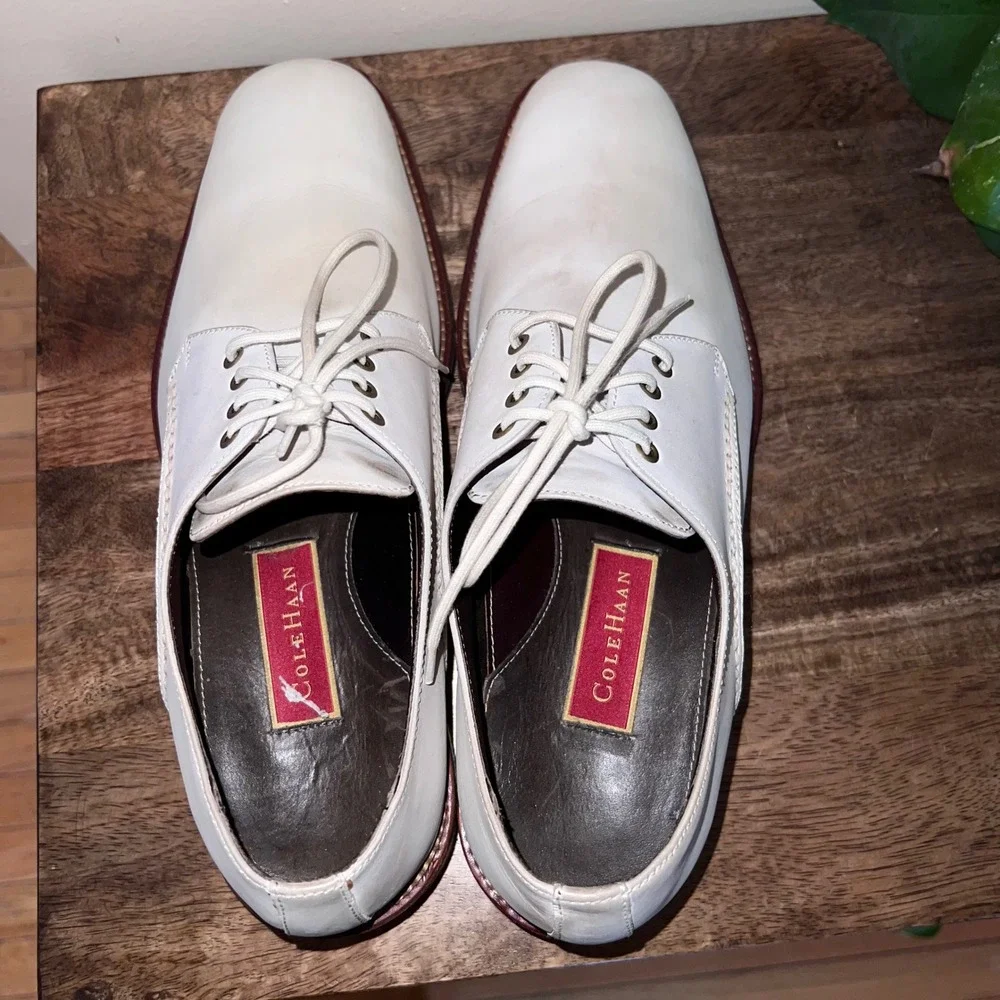 VTG‎ Cole Haan Mens 10.5 Oxfords Derby Shoes Beige Leather Square Toe Lace Up